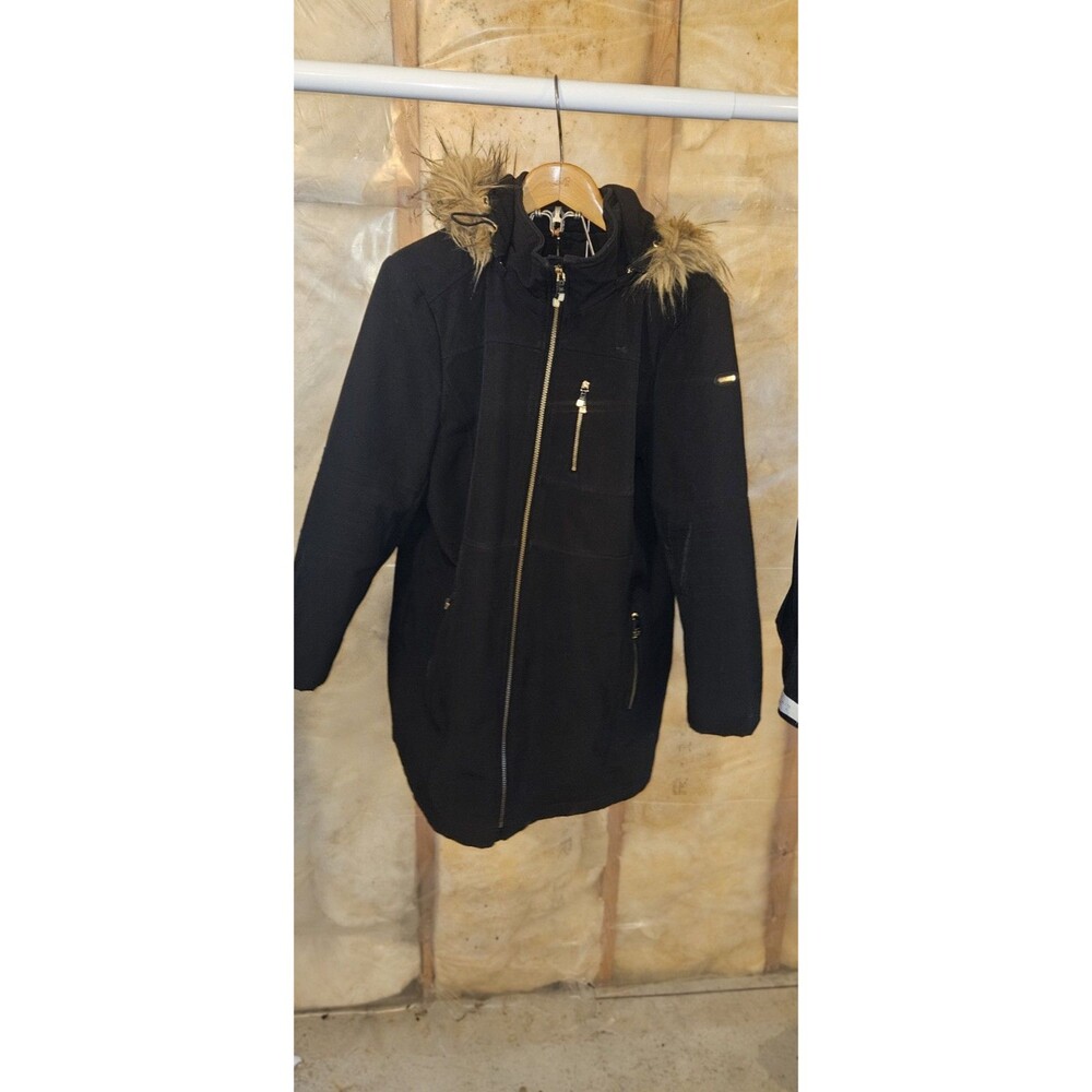 Calvin Klein Winter Trench Coat Detachable Faux Fur Hood, Water Resistant Black